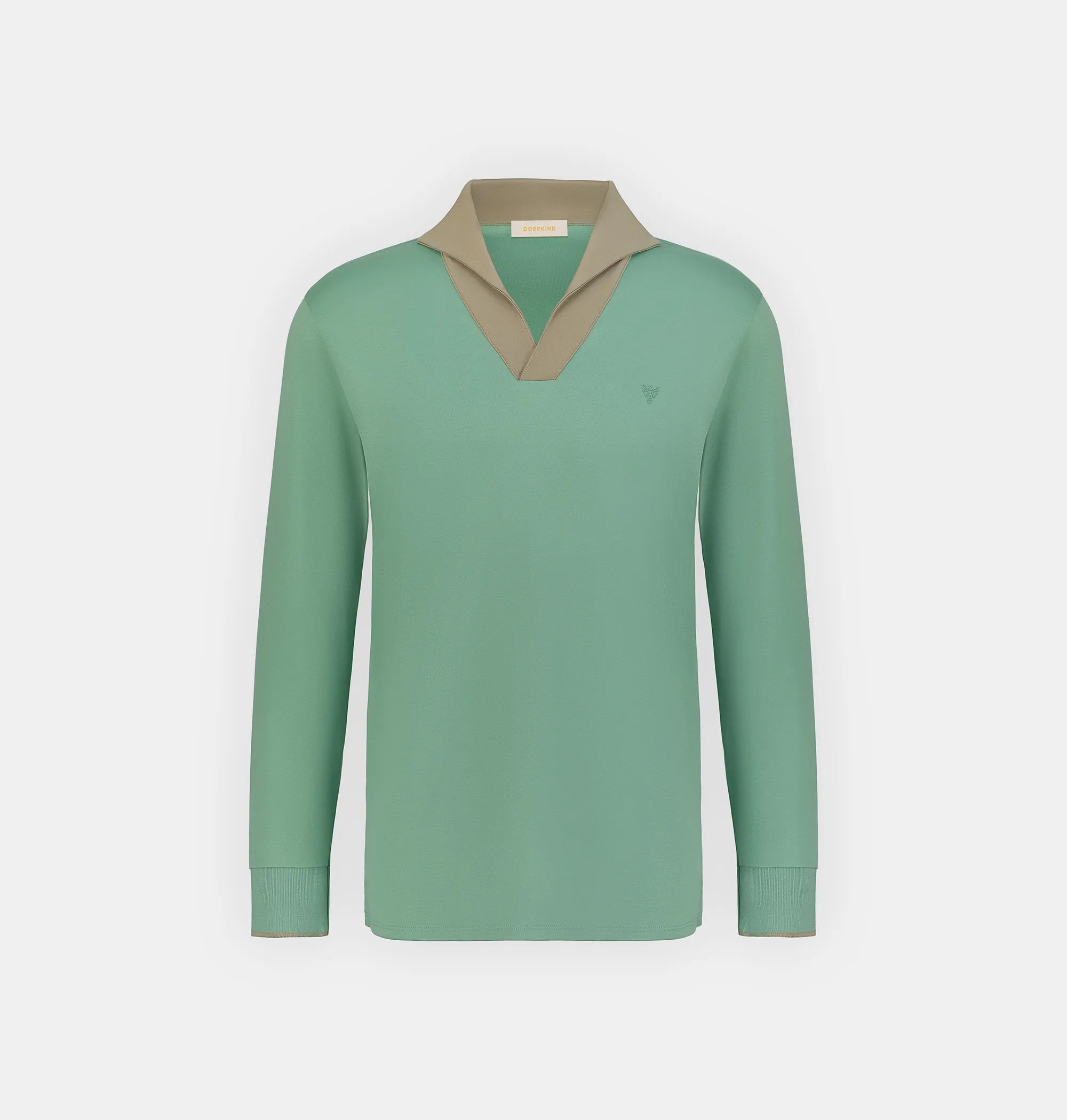 A long-sleeved green polo shirt with a shawl collar and a small embossed emblem on the chest, set against a plain background.