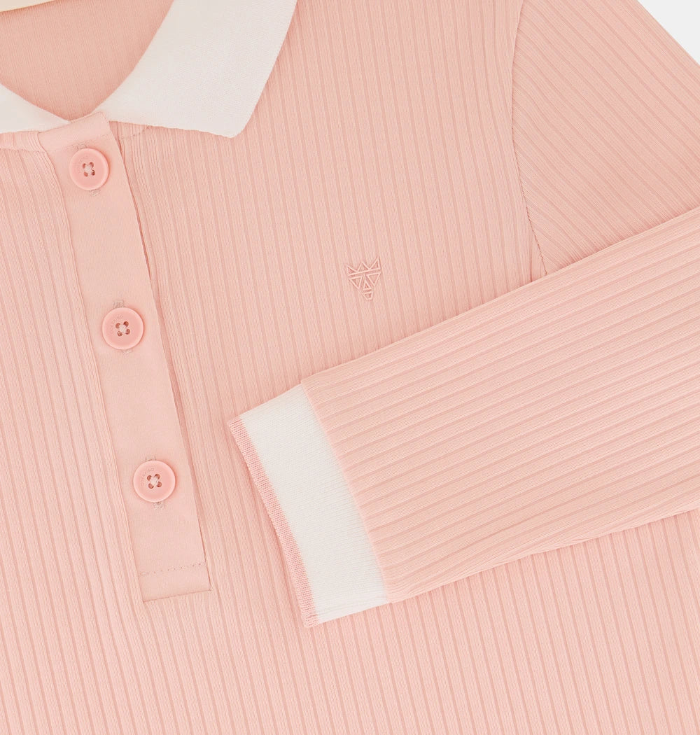 A long-sleeved pink doerkind polo shirt with white collar and trim, buttoned front, and ribbed texture.