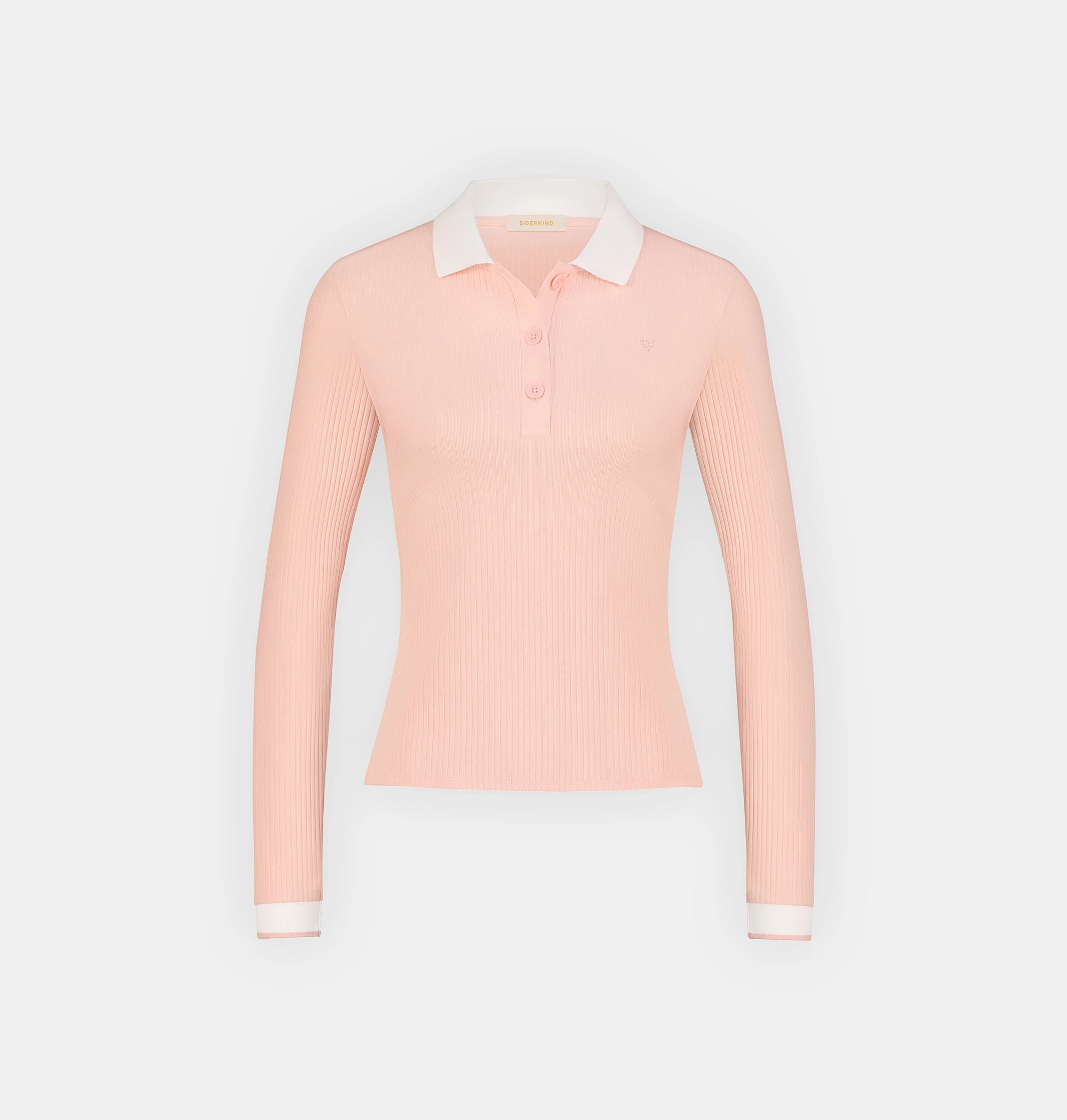 A long-sleeved pink doerkind polo shirt with white collar and trim, buttoned front, and ribbed texture.