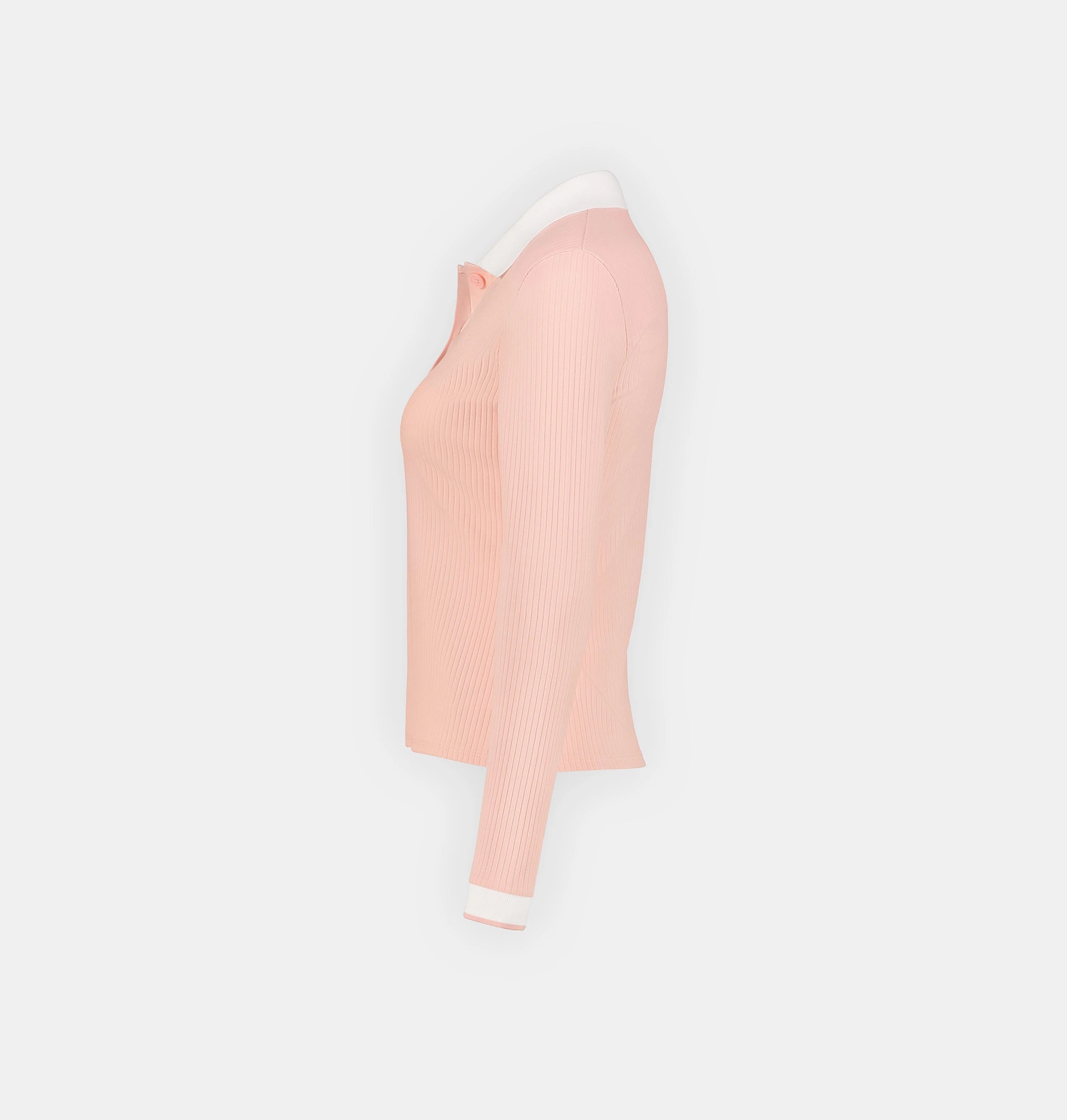 A long-sleeved pink doerkind polo shirt with white collar and trim, buttoned front, and ribbed texture.