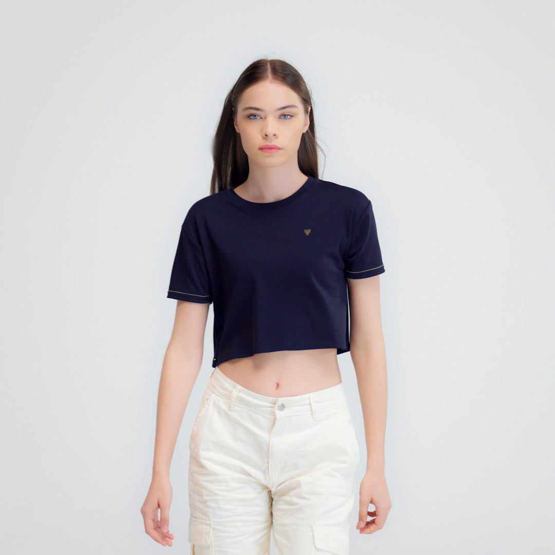 Luxury  Women Relaxed Crop Top - Navy - 100% Soft Pima Cotton - Doerkind